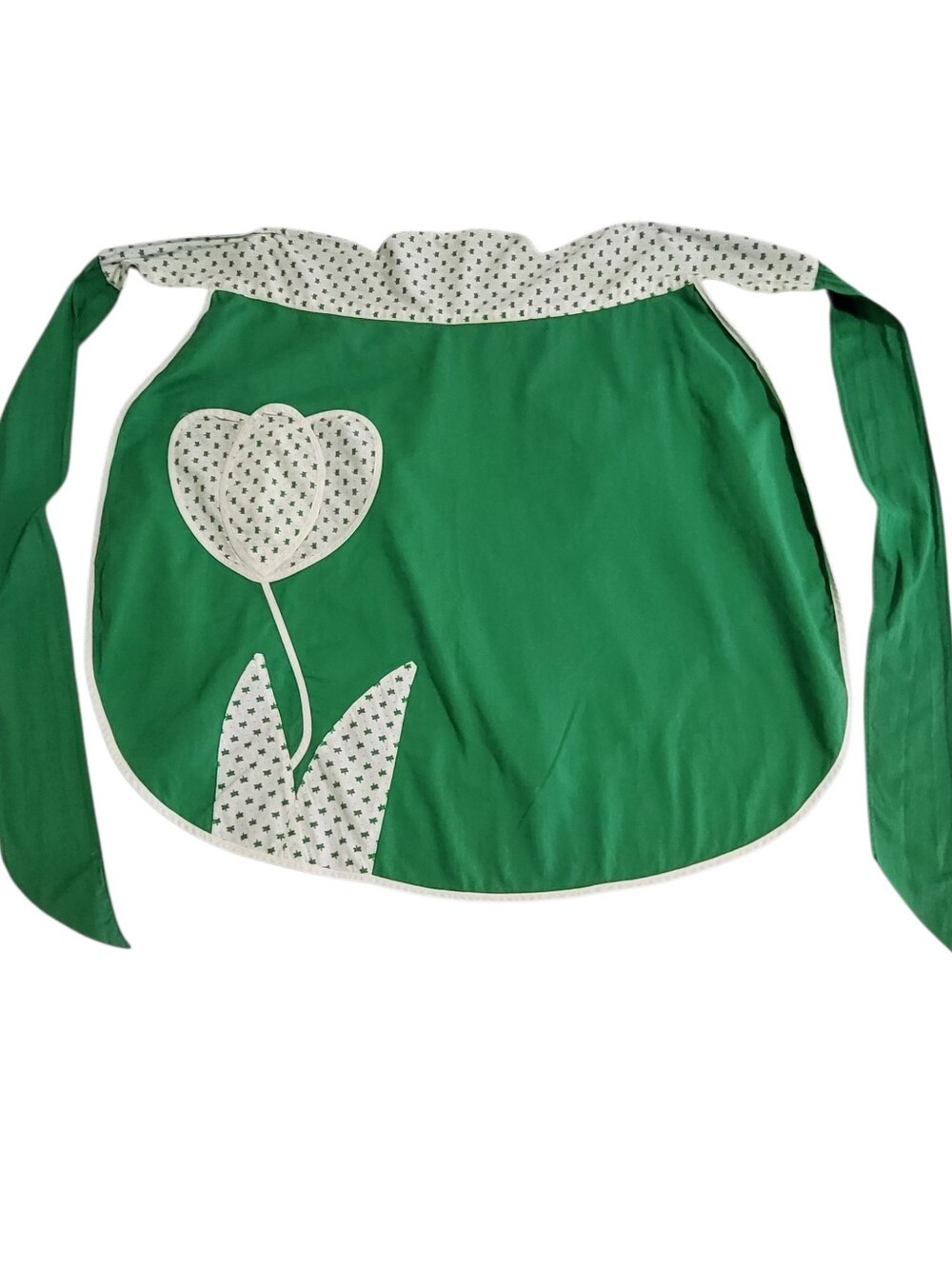 Vintage Handmade Reversible Half Apron Green White Tulip Dragonfly MCM Kitsch